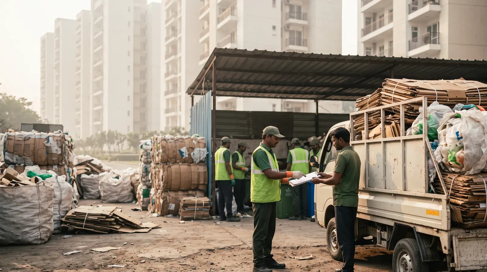Sorted plastic and cardboard being loaded at a scrap aggregator yard in Gurgaon